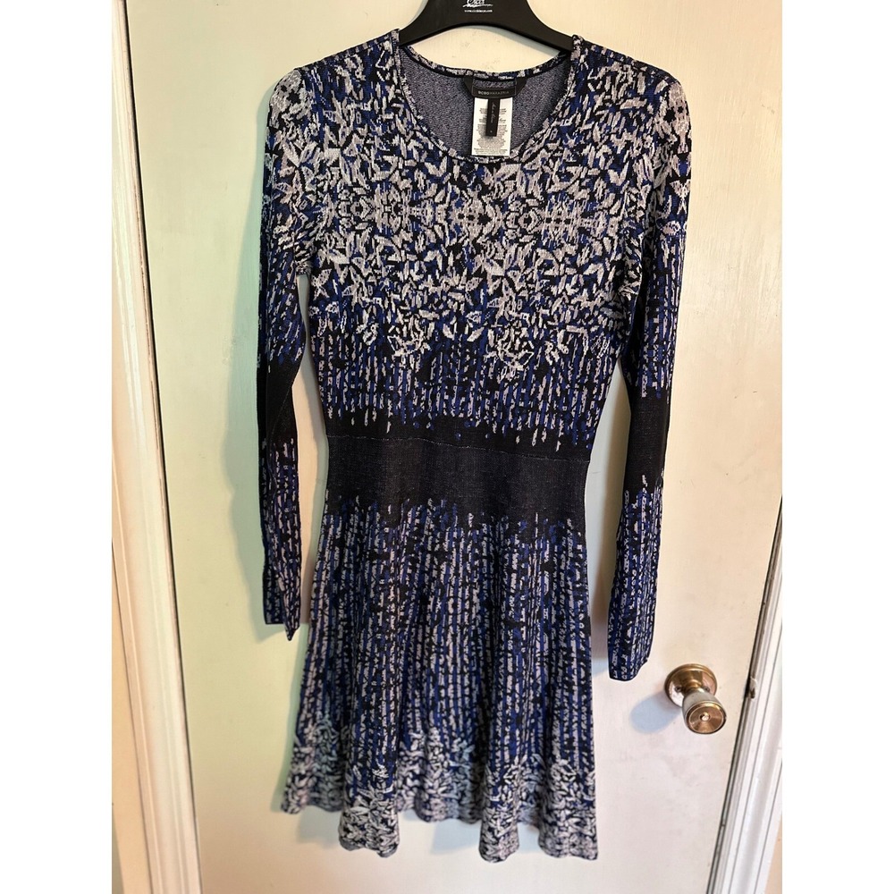BCBGMAXAZRIA Sweater Dress Knit Silk Long Sleeve Fit & Flare Blue Black Small‎